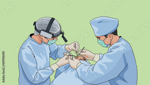 Illustration of surgeons performing an operation in a sterile operating room with medical equipment.