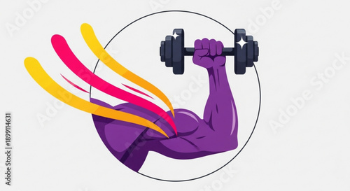 Purple arm flexing with dumbbell dynamic motion lines minimalist design fitness concept