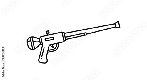 Simple black line drawing of a kitchen whisk with a long handle and wire head on a white background