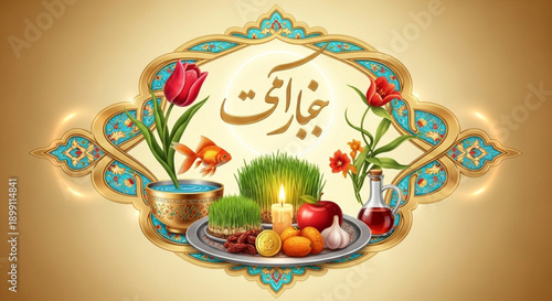 Nowruz celebration with traditional haft seen arrangement and decorative elements