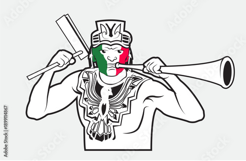 Mexican Aztec Warrior with Flag Face Paint and Traditional Instruments