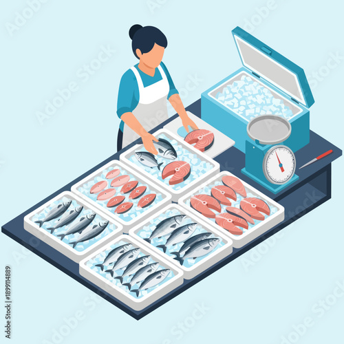 Woman Preparing Fresh Fish for Sale.