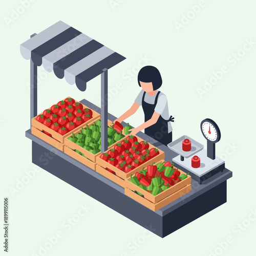 Woman Arranging Fresh Fruits at Market Stall.