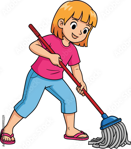 Cartoon Illustration of a Young Girl Mopping the Floor, Housekeeping and Cleaning Concept, Helpful Child Doing Chores, Vector Graphic Design