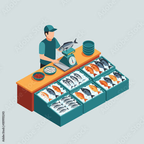 Fishmonger Selling Fresh Fish at Market Stall.