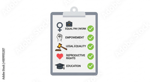 Clipboard checklist with gender equality icons and green checkmarks for empowerment and reproductive rights