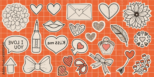 Collection of hand drawn love and affection themed stickers on red grid