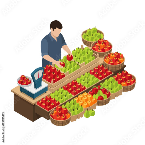Farmer Arranging Fresh Produce at Market Stall.