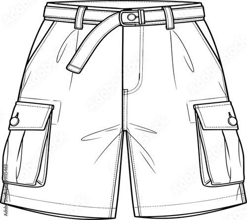 Mens Casual Cargo Shorts with Belt and Pockets Line Art Illustration, Summer Fashion Apparel Sketch, Clothing Design Coloring Page, Isolated