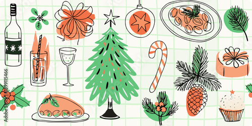 Festive holiday illustrations with christmas tree gifts and celebratory food items