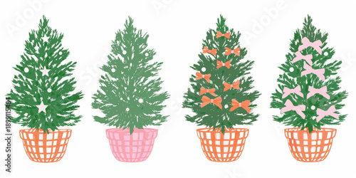Four decorated christmas trees in woven pots illustrated style