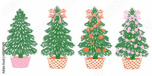 Four illustrated christmas trees in pink and green pots