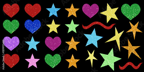 Colorful assorted glittery hearts and stars against a black background