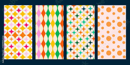 Four colorful patterned rectangles displayed in a vertical arrangement