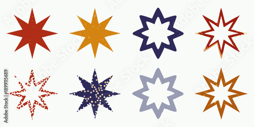 Collection of colorful stylized starburst shapes arranged in a grid pattern