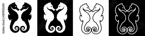 Symmetrical Seahorse Pair Illustration on Black Background, Aquatic Animal Graphic Design