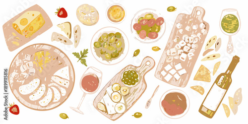 A colorful flat lay featuring various cheeses fruits and appetizers