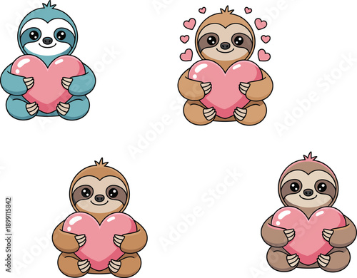 Cute cartoon sloths with hearts, Valentine animals, romantic illustration, pink love symbols, adorable sloth characters, affectionate design, festive graphic elements