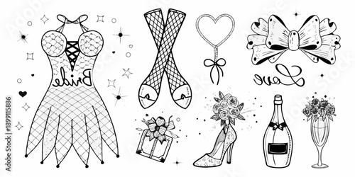 Elegant fashion illustration featuring lingerie accessories and celebratory items