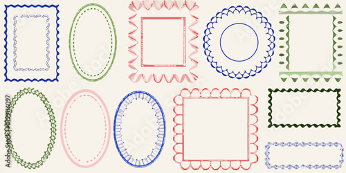 Collection of colorful decorative shapes resembling stitched or zigzag borders