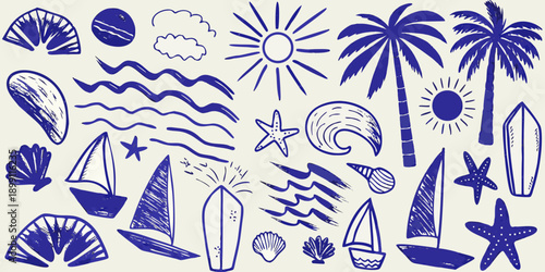 Hand drawn blue and white summer themed beach and ocean elements illustration