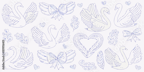 Delicate sketches of swans hearts bows and foliage in light blue tones