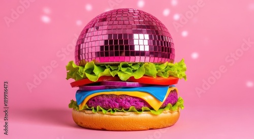A vibrant purple disco ball hamburger on a pink background with lettuce and tomato
