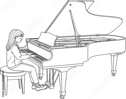 Young Girl Playing Grand Piano Line Art Illustration, Classical Music Student Drawing, Musical Instrument Coloring Page, Isolated On White Background