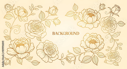 Luxury gold floral background vector. Golden gradient Roses and peonies flower line art wallpaper design for prints, cover, wall arts, greeting card, wedding cards, invitation.