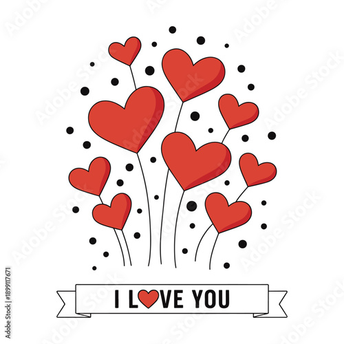 Red hearts with banner saying i love you on white background 