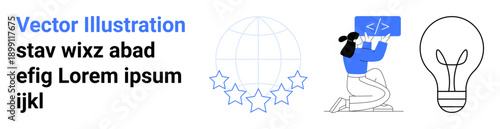 Technology, connectivity, programming, innovation, coding, creativity. Woman holding code symbols, globe with stars and light bulb icon. Technology and connectivity ideas