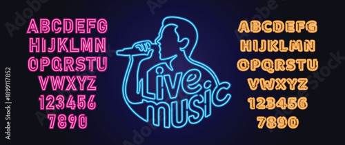 Neon Live Music Sign with Microphone and Circular Light Elements on Brick Wall Background, Bright banner poster, neon bright sign