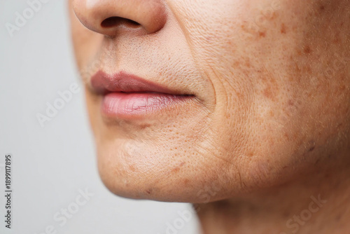 Close up of human skin with visible pores and sun spots texture aging