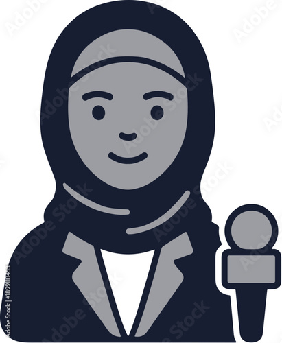 Simple Line Drawing Muslim Woman Journalist with Microphone Illustration