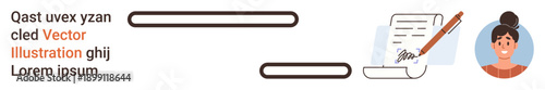 Document management, digital identity, e-signatures, online forms, user profiles, contract signing. A pen, paper, profile icon and text show digital identity and document management concepts