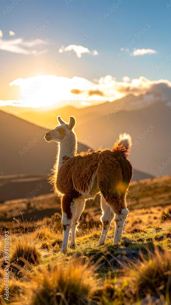 Fototapeta premium A llama standing on a hill, backlighted by the golden sunrise
