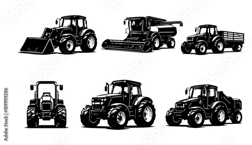 Agricultural Machinery Silhouettes Set of 6 - Tractors and Combine Harvester Black Vector Icons