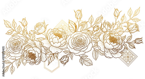 Luxury gold floral background vector. Golden gradient Roses and peonies flower line art wallpaper design for prints, cover, wall arts, greeting card, wedding cards, invitation.