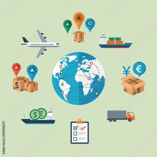 Global Logistics and Shipping Icons Around Globe.