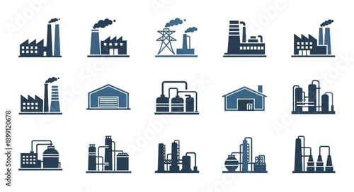 Collection of industrial factory building icons in blue silhouette style.