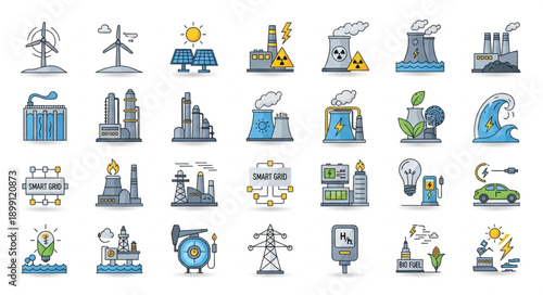 Collection of industrial and energy production icons.