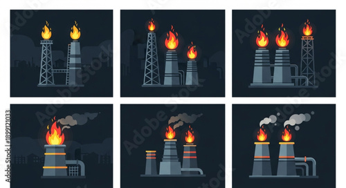 Industrial factory chimneys emitting smoke and flames at night.