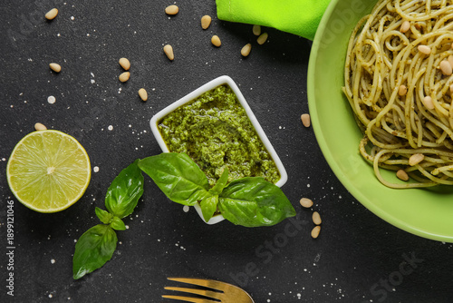 Plate with tasty pesto past...