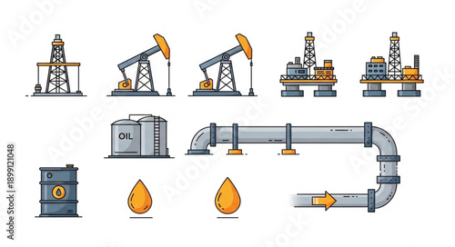 Oil industry equipment and resources collection illustration.