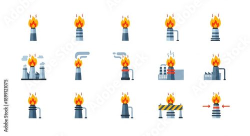 Collection of Industrial Factory Chimneys Emitting Flames.