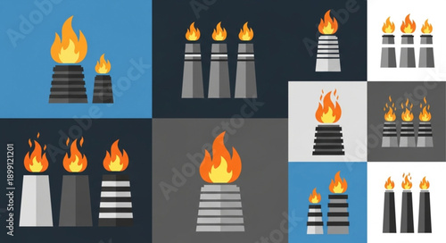 Set of Industrial Chimneys with Flames.