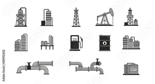 Collection of industrial oil and gas industry icons and symbols.