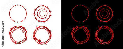 Red barbed wire circles on transparent and black backgrounds