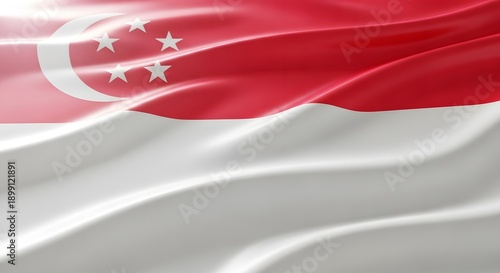 Close-up of the national flag of Singapore, featuring its distinctive red and white stripes, crescent moon, and five stars, gently waving.