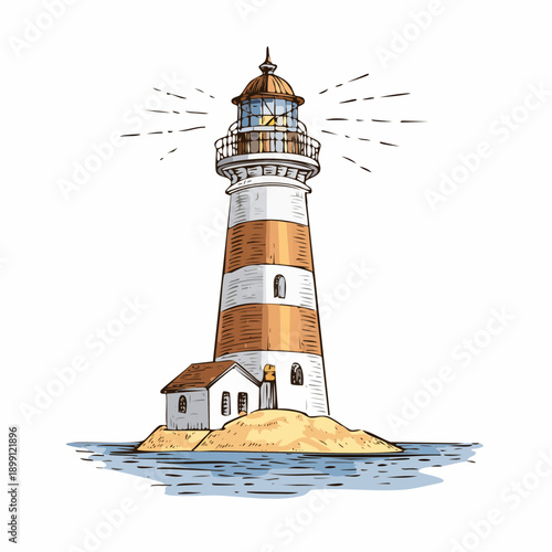 Nautical beacon lighthouse illustration on island transmitting light for navigation safety at sea